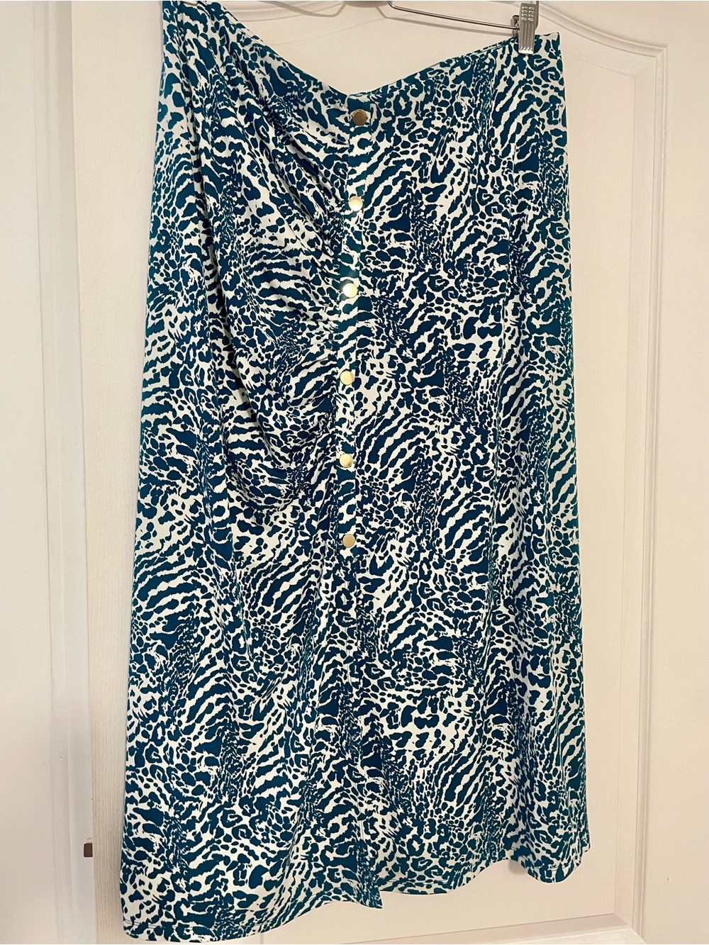 Michael Kors Teal and White Printed Button-Front Midi Skirt Size XL